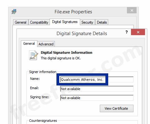 Screenshot of the Qualcomm Atheros, Inc. certificate